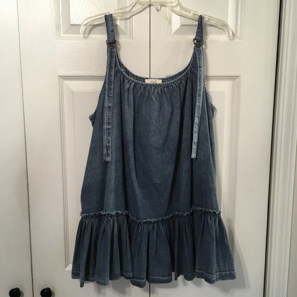 easel Tops Easel Mineral Washed Pleated Denim Ruffle Bottom Tunic